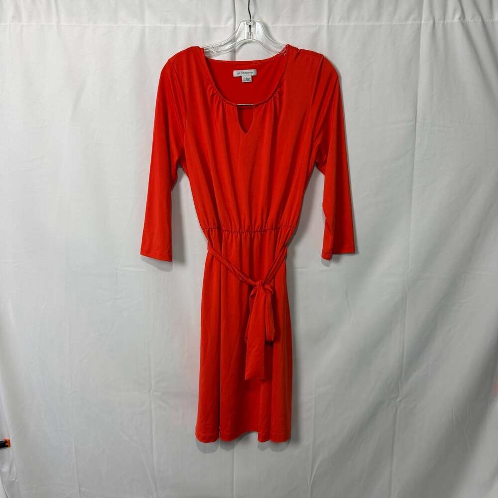 Liz Claiborne Mid 2000s Red Keyhole Neck Belted Dress Women L 3/4 Sleeve